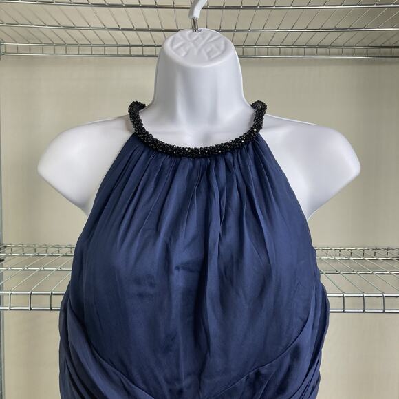Carmen Marc Valvo Navy Blue Beaded Halter Silk Dress Size 4 Wedding Red Carpet - Picture 8 of 13